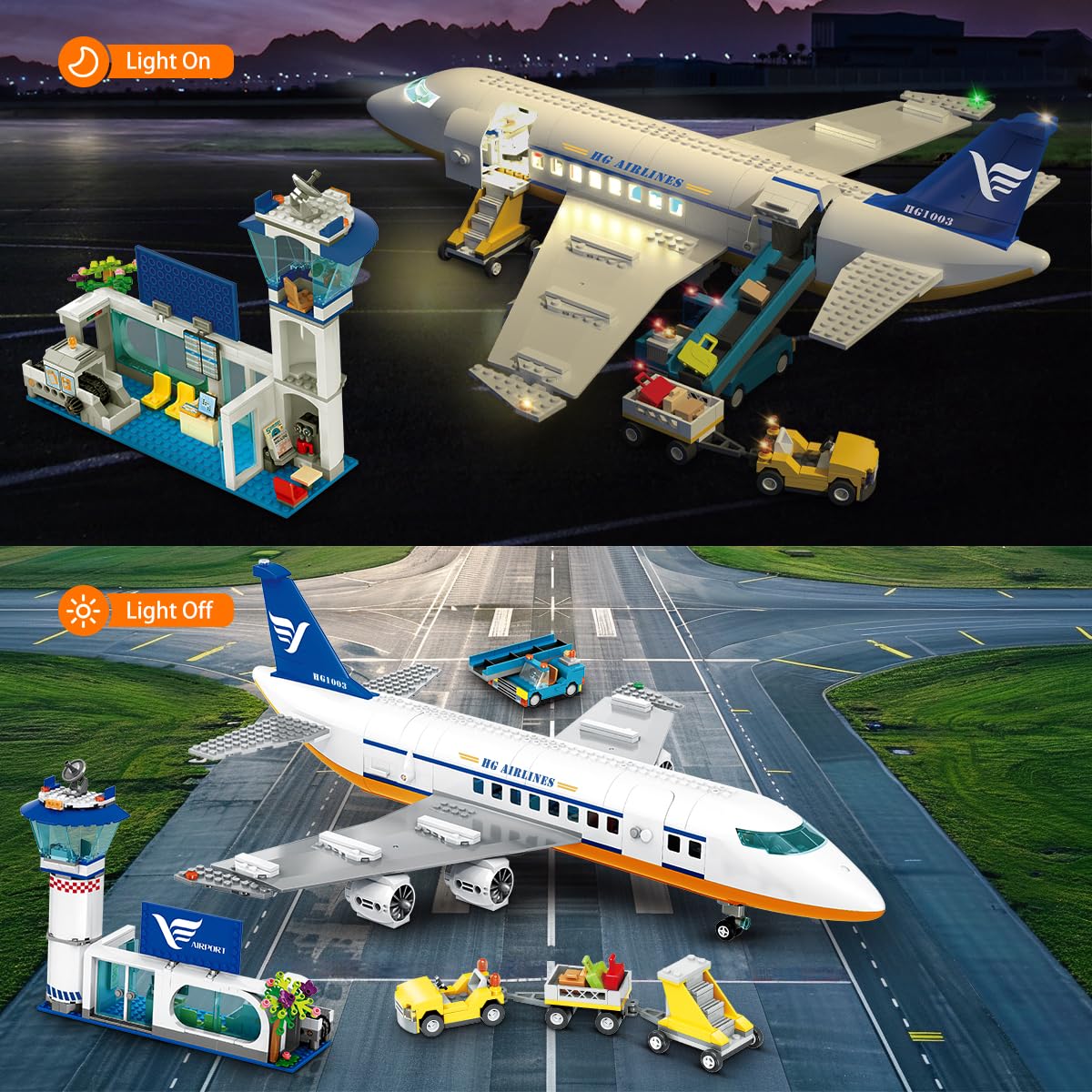HOGOKIDS Passagierflugzeug Bauspielzeug Set mit LED Licht, 901 PCS Flugzeug Bausteine Spielzeug mit Terminal, Radarturm, Anhänger, Flugzeug-Modell Geschenke für Jungen Mädchen ab 6 7 8 9 10 Jahre
