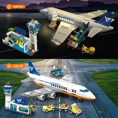HOGOKIDS Passagierflugzeug Bauspielzeug Set mit LED Licht, 901 PCS Flugzeug Bausteine Spielzeug mit Terminal, Radarturm, Anhänger, Flugzeug-Modell Geschenke für Jungen Mädchen ab 6 7 8 9 10 Jahre