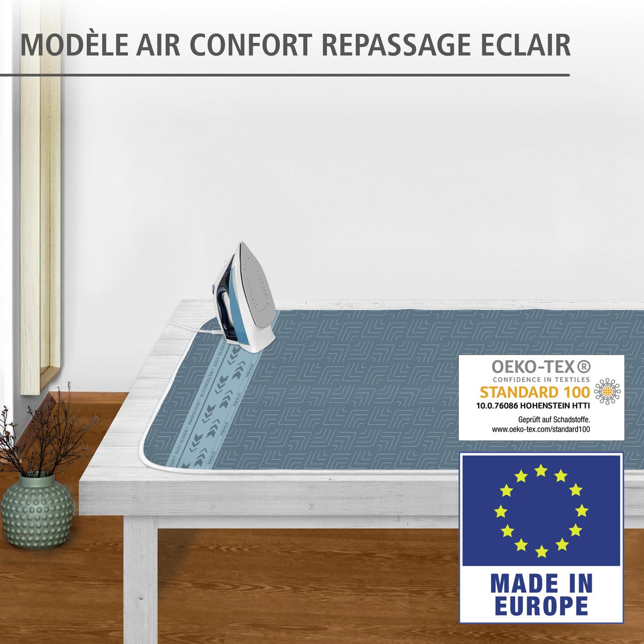 WENKO Bügeldecke Air Comfort Blitzbügler, Blitzbüglerzone, 5-lagige Komfort-Polsterung, Hitzereflektion & Dampfsperre, 130 x 65 cm
