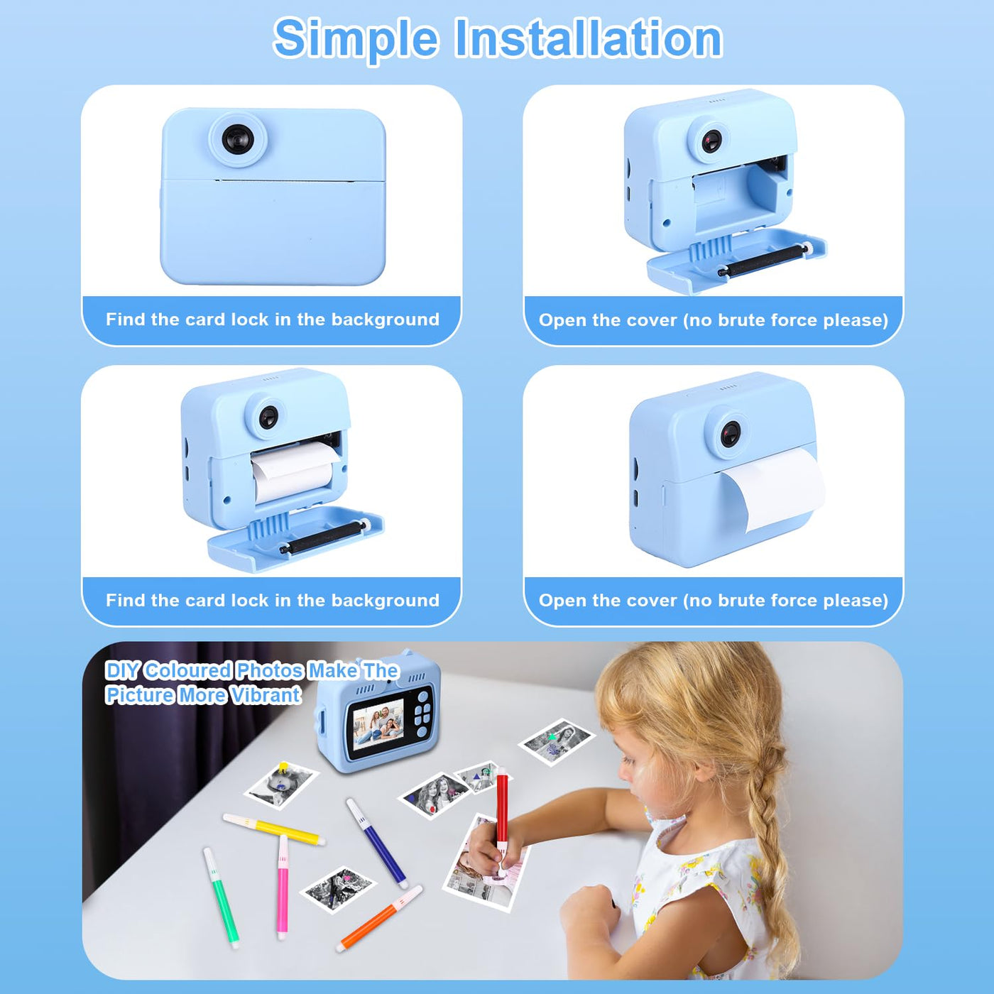 Kinderkamera, Sofortbildkamera Kinderkamera 48MP, 2,4 Zoll 1080P HD Kinder Digitalkamera mit 32GB Karte & Druckpapier, 8X Zoom, Geschenke für Jungen und Mädchen 3-12 Jahre (Blau)