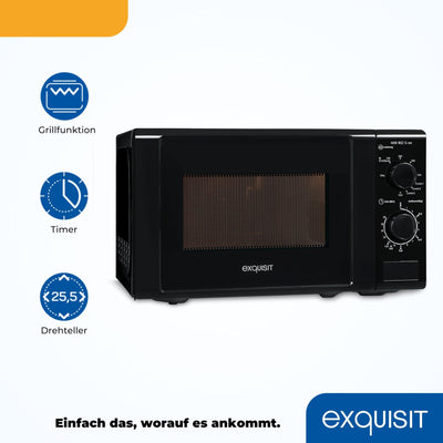 Exquisit Mikrowelle MW 802 G | Mikrowelle mit Grill 1000 W | 700 W gesamt | Timer | Mikrowelle klein und platzsparend 20 L Garrraum | schwarz