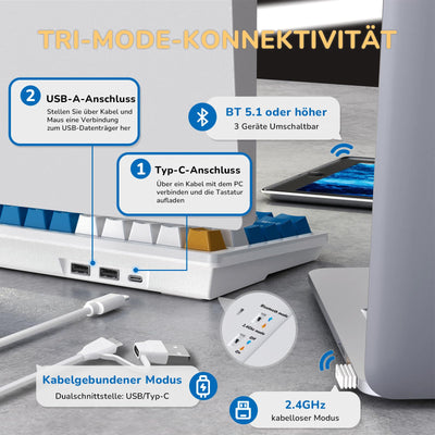 RK ROYAL KLUDGE RK98 Mechanische Tastatur Kabellose Gaming Tastatur 2.4G/Bluetooth 5.1/USB-C RGB Hinterleuchtet Deutsches Layout QWERTZ 100 Tasten Hot Swappable Braune Schalter, Weiß