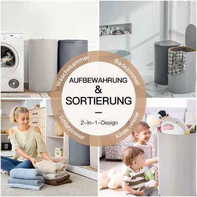 HELLKOPF 2er Pack Wäschekorb mit Deckel 140L Groß Kapazität - Wäschesammler mit 2 Fächer zum Sortieren der Schmutzwäsche, 4 Abnehmbar Innensäcke, Faltbare Laundry Baskets und Einfach zu Montieren
