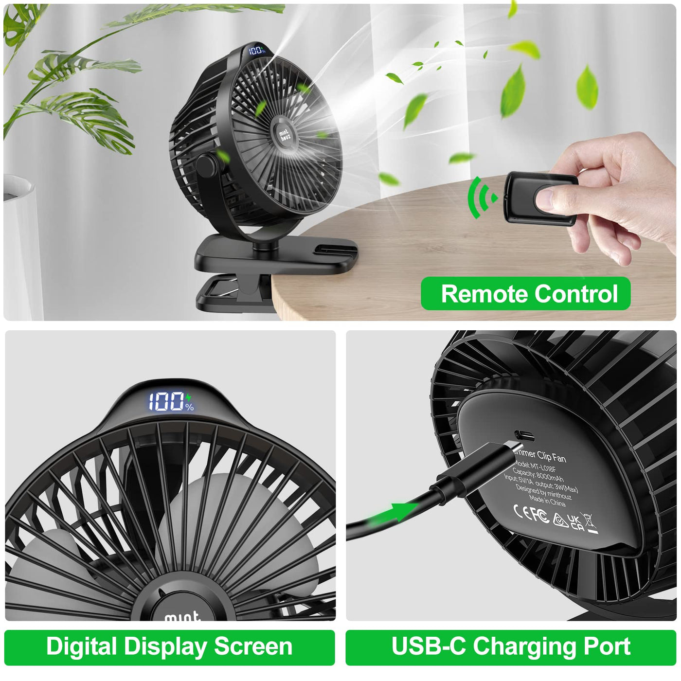 Minthouz Tischventilator mit Clip, 8000mAh USB Ventilator, 5 Geschwindigkeiten Tragbarer Mini Ventilator, Geräuscharmer Deckenventilator Ideal für Outdoor Camping/Kinderwagen/Haus/Büro