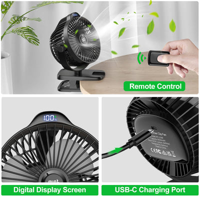 Minthouz Tischventilator mit Clip, 8000mAh USB Ventilator, 5 Geschwindigkeiten Tragbarer Mini Ventilator, Geräuscharmer Deckenventilator Ideal für Outdoor Camping/Kinderwagen/Haus/Büro
