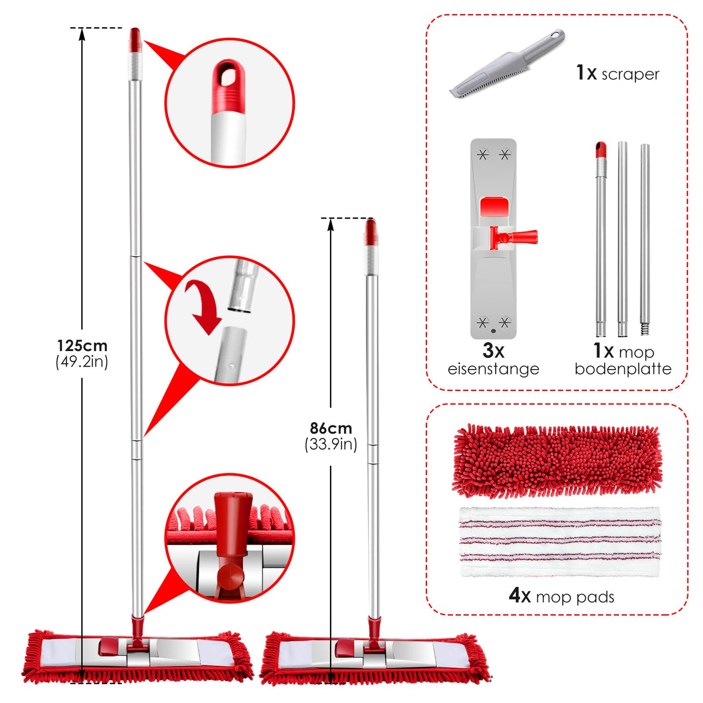 HEVOL Flach Wischmopp,Chenille Mikrofaser Bodenwischer mit 125cm Edelstahlgriff und 4 Wischpads,Flachmopp für Hartholz, Laminat, Fliesenboden,Senden 1 Schaber
