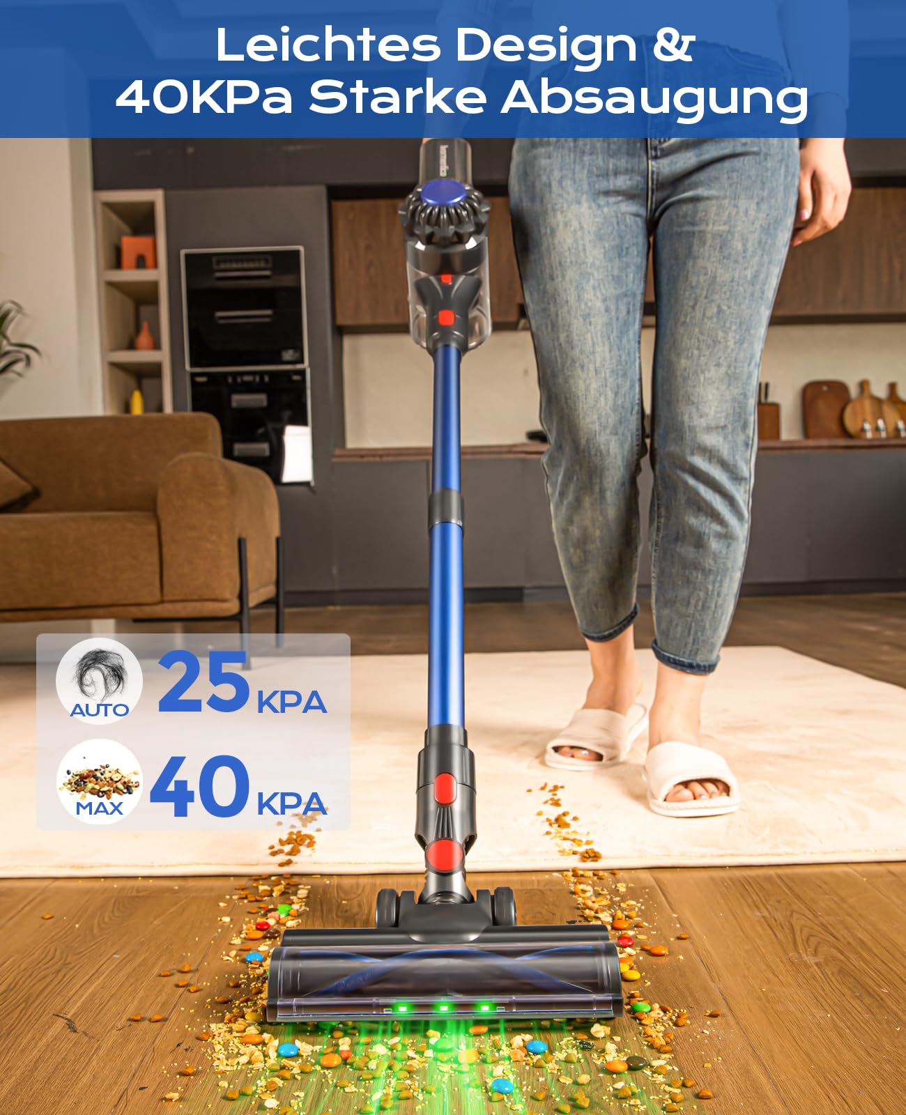 Ivormentico Akku Staubsauger Kabellos 50Mins/40KPA/450W, Akkustaubsauger mit Geen LED, Kabelloser Staubsauger mit Aufgerüstete Bodenbürste, StaubsaugerAkku für Tierhaare, Dunkelblau
