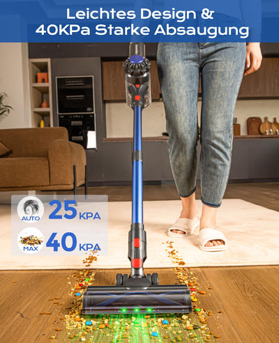 Ivormentico Akku Staubsauger Kabellos 50Mins/40KPA/450W, Akkustaubsauger mit Geen LED, Kabelloser Staubsauger mit Aufgerüstete Bodenbürste, Staubsauger Akku für Tierhaare, Blau