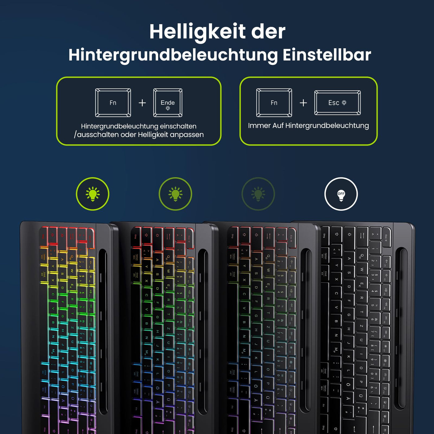TECURS Gaming Tastatur Kabellos-Leise, Ergonomisch, 2 in 1 USB A/C, Multimedia-Tasten, Handy Halter, Kabellose Tastatur Beleuchtet Wireless für PC/Windows/Mac, QWERTZ Deutsche Layout(Schwarz)