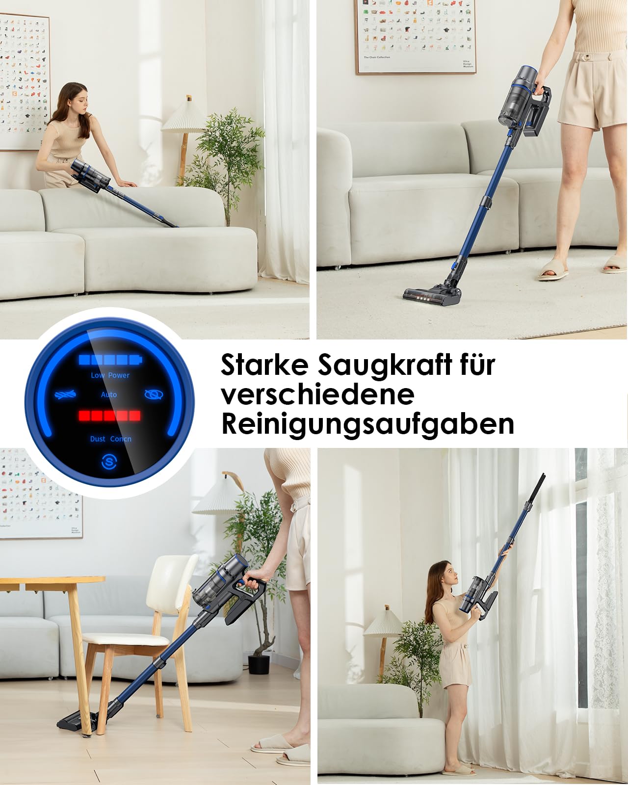 Akku Staubsauger mit Wischfunktion, 550W/45000Pa/60 Min Staubsauger kabellos, Mit bürstenlosem Motor, Mit selbsttragender Funktion und intelligentem Touchscreen, Für Hartböden Teppich Tierhaare