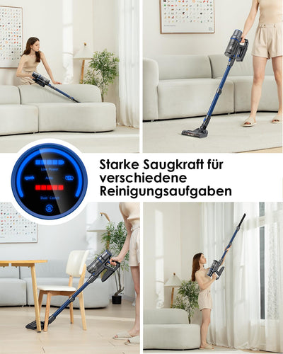 Akku Staubsauger mit Wischfunktion, 550W/45000Pa/60 Min Staubsauger kabellos, Mit bürstenlosem Motor, Mit selbsttragender Funktion und intelligentem Touchscreen, Für Hartböden Teppich Tierhaare