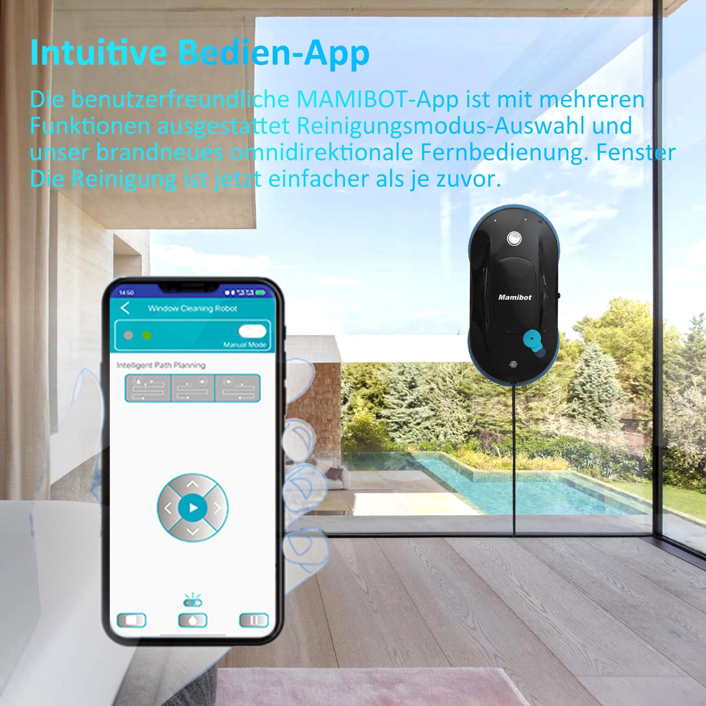 Mamibot W110-P Fensterputzroboter, automatischer intelligenter Navigations-Staubsauger Anti-Drop, mit APP und Fernbedienung, für Glas, Fliesen, 12 Stück Tücher (Schwarz)