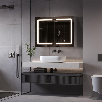 DICTAC Badezimmer spiegelschrank mit Beleuchtung 80x16x60cm Spiegelschrank Bad mit LED und Steckdose 80 cm Breit Doppeltür Badschrank mit Spiegel und Ablage,Hängeschrank,Berührung Sensorschalter,Weiß