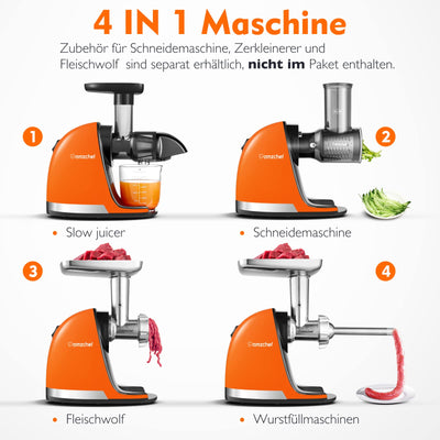 AMZCHEF Entsafter Gemüse und Obst Testsieger - Entsafter Slow Juicer mit Rückwärts-Kau-Funktion - Zartes Zerkleinern ohne Filtern - Saftpresse Elektrisch mit Bürste und 2 Tassen - Lebendiges Orange