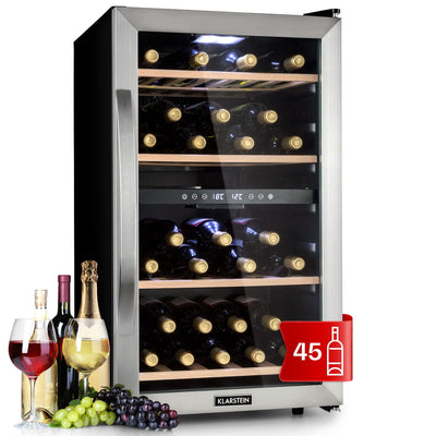 Klarstein Weinkühlschrank, Getränkekühlschrank Schmal, Kühlschrank mit Glastür, Getränkekühlschränke Freistehend, Weinkühlschrank Klein, Weinkühlschränke 2 Zonen, UV-Schutz, 5-18 °C, 45 Flaschen