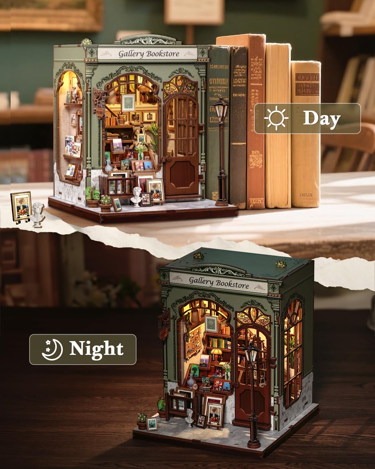 CUTEBEE Book Nook Kit - DIY Puppenhaus Bausatz zum Selberbauen, EIN Retro und künstlerisches Miniaturhaus, 3D Holzpuzzle Buchstütze, Kreative Bücherregal Dekoration, Geschenke（Gellery Bookstore）