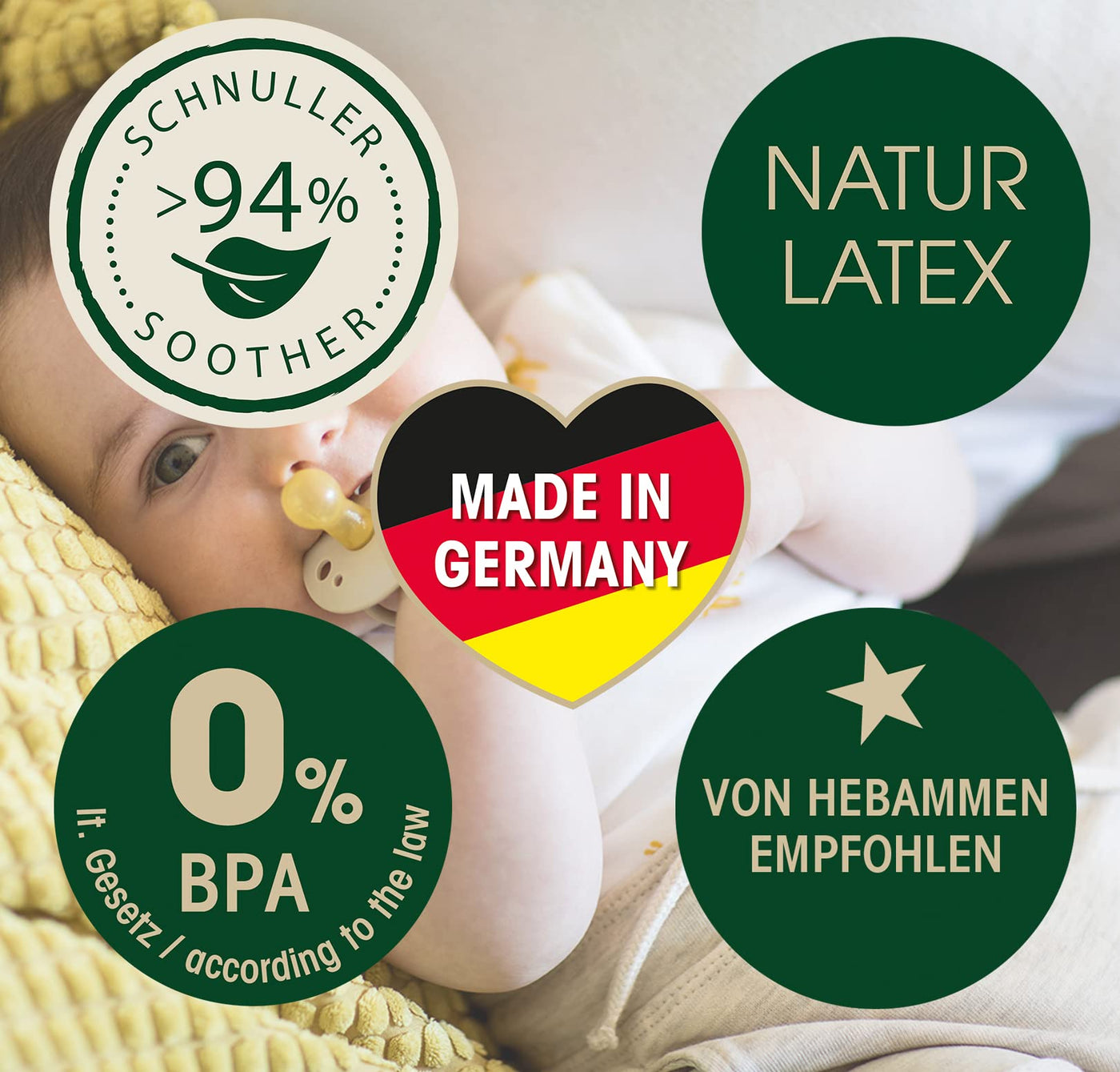 nip Cherry Schnuller, flacher Sauger in Kirschform aus Naturkautschuk, stillfreundlich, BPA-frei, nachhaltig, 0-6 Monate, 4 St., hellgrün/grün/beige