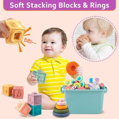 Baby Spielzeug für 6 bis 12 Monate, Montessori Spielzeug für Babys, Sensorisches Baby Spielzeug, 6 in 1 Motorikspielzeug, Stapelspielzeug Blöcken und Ringen, passende Eier (6 in 1)