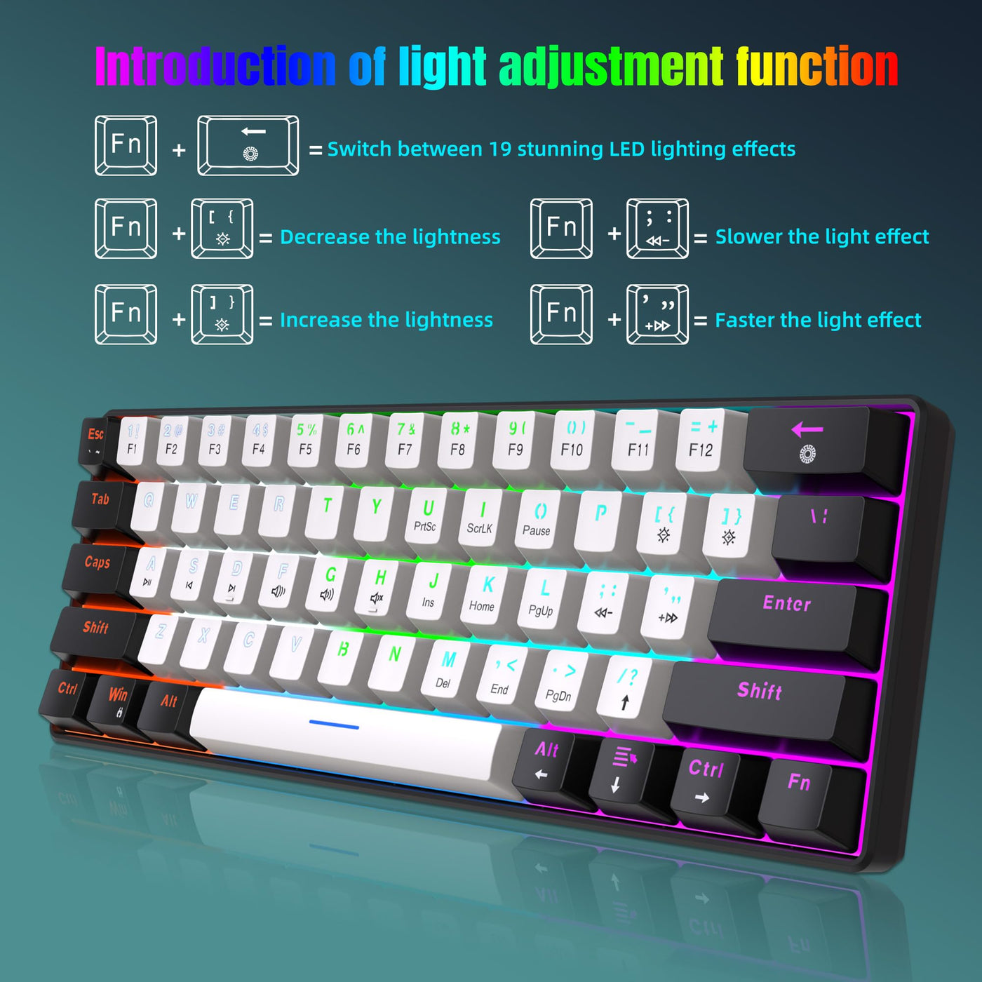 Snpurdiri 60% kabelgebundene mechanische Gaming-Tastatur, 61 Anti-Ghosting-Tasten, RGB-Hintergrundbeleuchtung, ultrakompakte Blaue Schalter, Zwei Ständer, schwarz-weiß