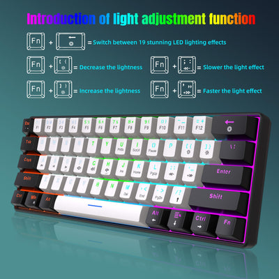 Snpurdiri 60% kabelgebundene mechanische Gaming-Tastatur, 61 Anti-Ghosting-Tasten, RGB-Hintergrundbeleuchtung, ultrakompakte Blaue Schalter, Zwei Ständer, schwarz-weiß