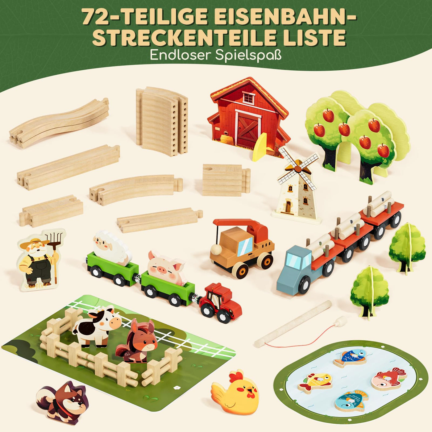 Lehoo Castle Holzeisenbahn, Eisenbahn Kinder, Holz Bauernhof Spielzeug ab 3 Jahre, Zug Spielzeug für Kinder ab 3 4 5