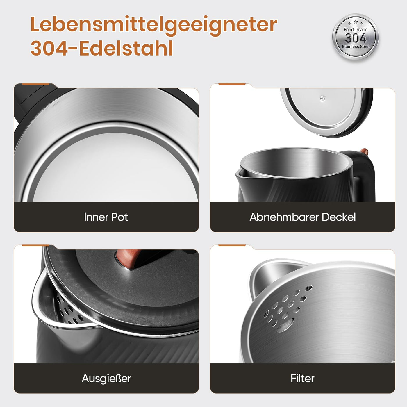 OLEGA Wasserkocher - 1800W Schnellaufheizender Elektrischer Teekessel BPA-freier 304 Edelstahl Elektrischer Wasserkocher mit Automatischer Abschaltung und Trockengehschutz Perfekt für die Familie 1.8L