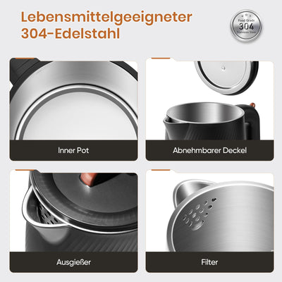 OLEGA Wasserkocher - 1800W Schnellaufheizender Elektrischer Teekessel BPA-freier 304 Edelstahl Elektrischer Wasserkocher mit Automatischer Abschaltung und Trockengehschutz Perfekt für die Familie 1.8L