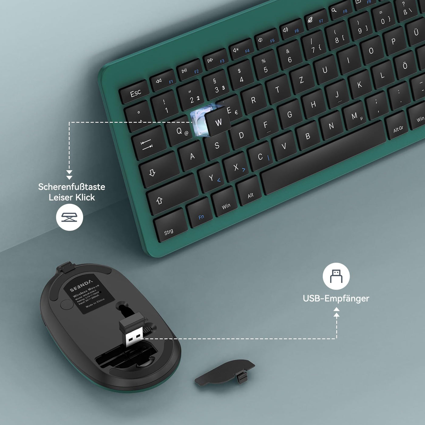 Tastatur Maus Set Kabellos, seenda Ultra-Dünne Wiederaufladbare Funk Tastatur Maus Set, Ergonomische Tastatur Kabellos mit Silikon Staubschutz für PC/Laptop/Smart TV, DE QWERTZ Layout, Schwarz&Grün