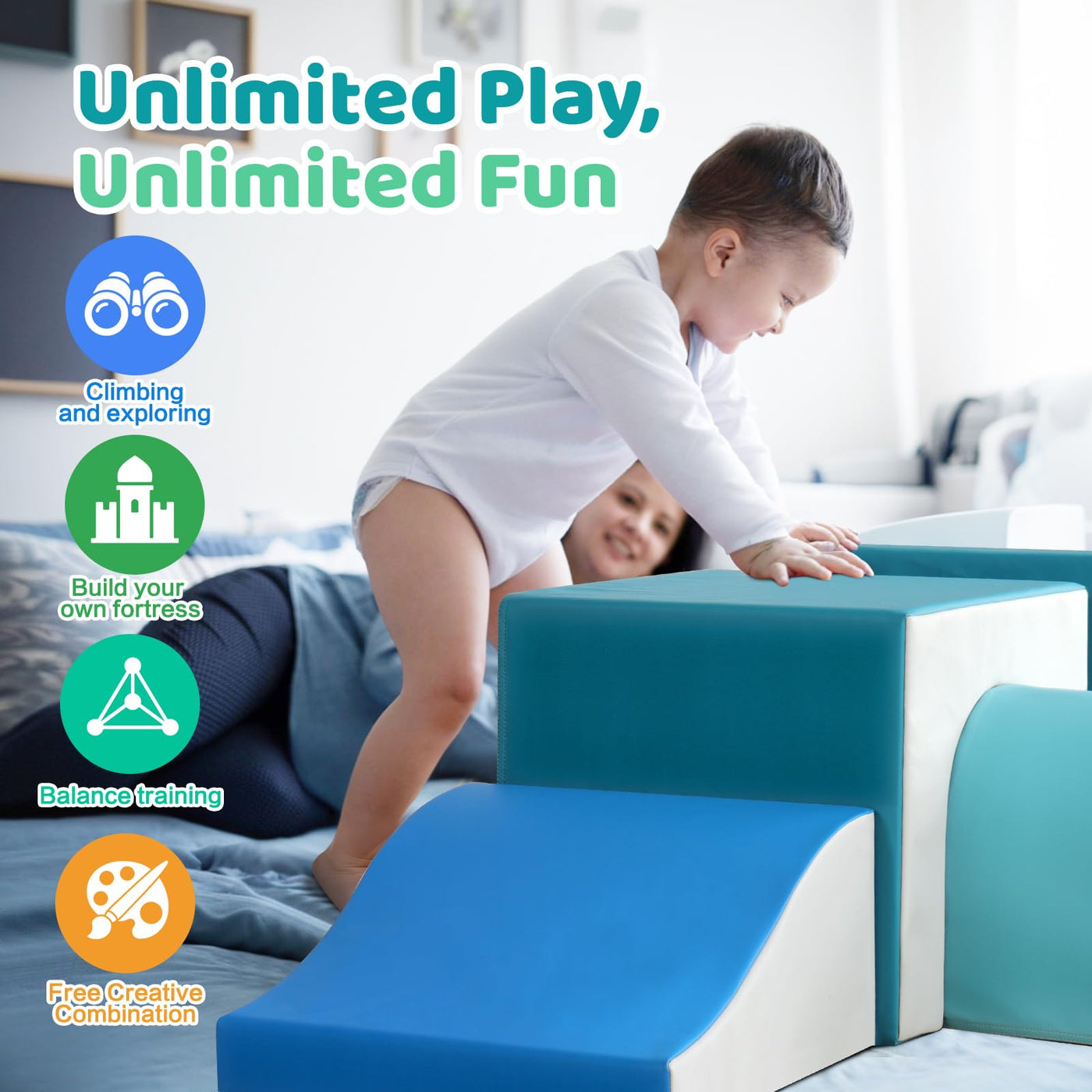 SweHouse Schaumstoff Bausteine Kinder Klettern: 4 PU-Leder Indoor Softbausteine Spielbausteine - Weiche Bausteine Baby Montessori Kletterspielzeug mit Ellipsenbogen(Modern)