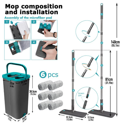 Masthome Wischmopp Set mit Eimer, Putzeimer mit Wischmop mit 6 Wischpads,Bodenwischer mit Auswringfunktion,Flachmopp und Putzeimer Set für Bodenreinigung Hartholz, Fliesen, Laminat - Grau+Blau
