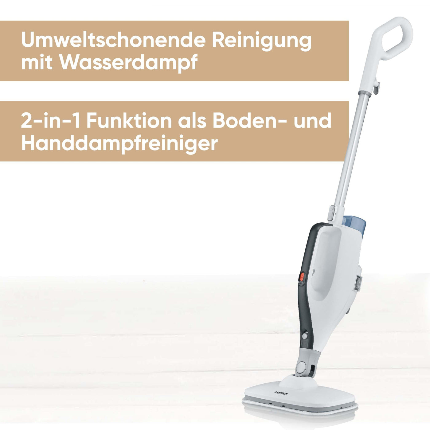 SEVERIN 2-in-1 Dampfreiniger mit Mehrzweck-Funktion & praktischem Kombi-Zubehör, für alle Hartböden und Teppiche, entfernt 99,9% Bakterien, nur 15 Sekunden Aufheizzeit, 9m Kabel, weiß/schwarz, SC 7145