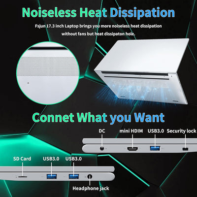 Fsjun17.3 Zoll Laptop, Celeron N5095 bis 2,9 GHz, 16GB RAM, 512GB SSD, FHD IPS, Fingerabdruck, Beleuchtete Tastatur, Mini HDMI, 3× USB 3.0 (Silber, 16+512GB)