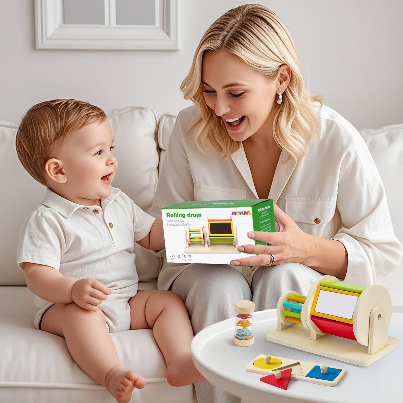 Atoylink Montessori Baby Spielzeug ab 0 3 6 9 Monate, Sensorik Spielzeug mit Spinning Drum & Regenmacher Baby & Steckpuzzle, Holzspielzeug Motorikspielzeug Babyspielzeug Geschenk 1 Jahr