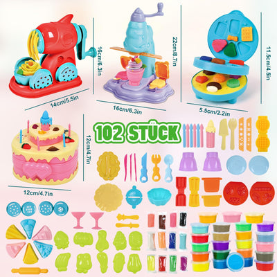JONRRYIN Knete Set für Kinder, 102 Stück Knete Zubehör Knetwerkzeug mit 36 Modelliermasse, Kreatives Playdoh Knete Kinder Eismaschine Nudelmaschine Spielset Geschenk Mädchen & Junge