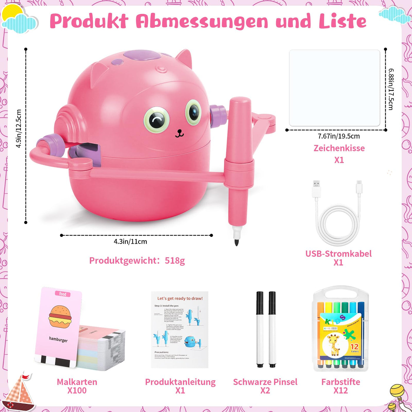 Charmofun Malroboter für Kinder, Zeichenroboter Kinder mit Stift & 100 Karten, Drawing Robot zur Frühkindliche Bildung, Sprachinteraktiver Lernspielzeug für Jungen Mächen ab 3 Jahren (Rosa)