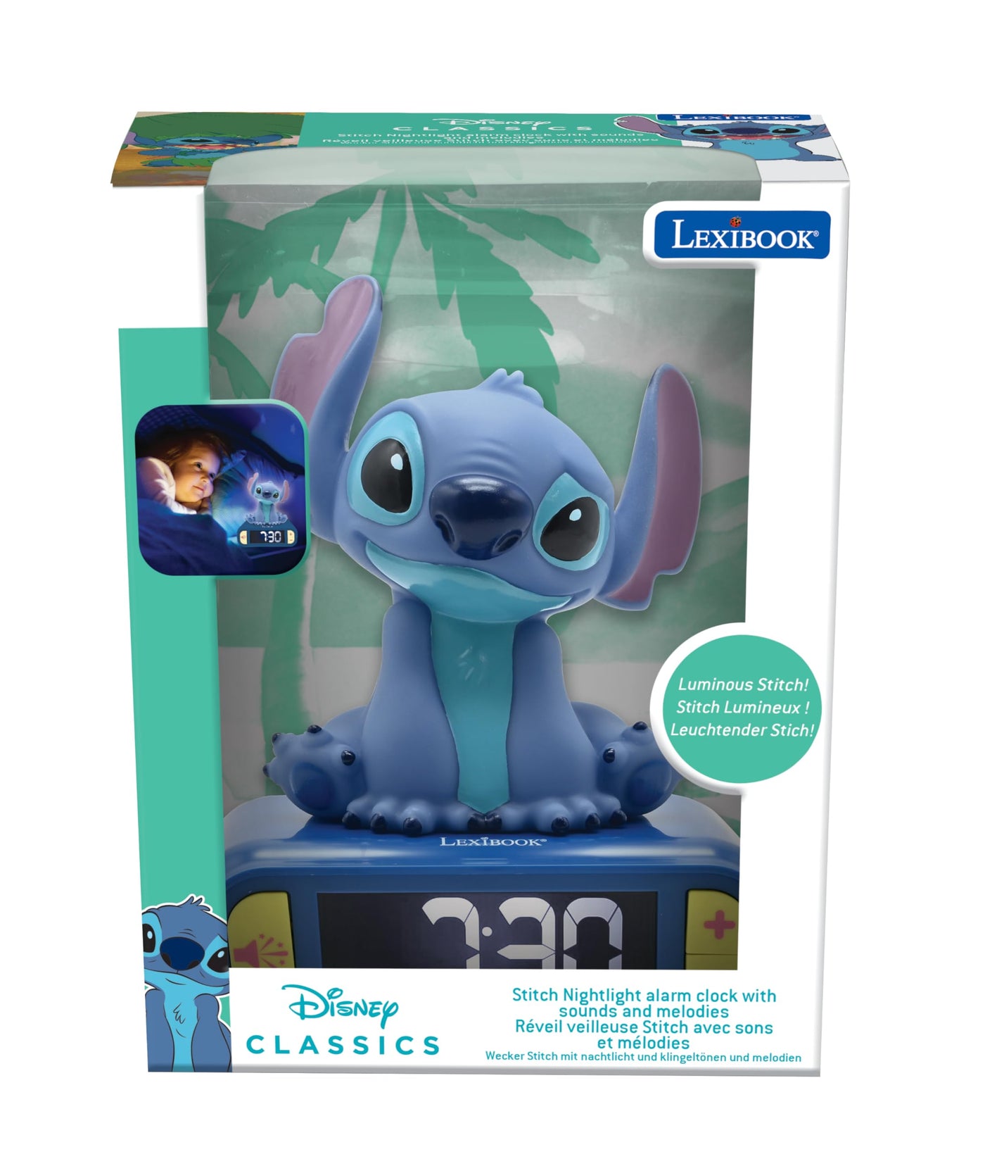 Lexibook, Disney Stitch, Nachtwecker, Sounds und Melodien, hintergrundbeleuchtetes LCD-Display, beleuchtet, Schlummerfunktion, Blau, RL800D
