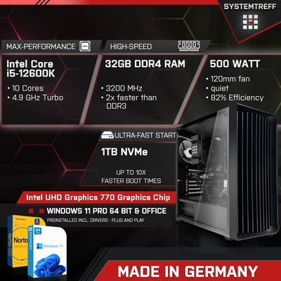 SYSTEMTREFF Office PC Intel Core i5-12600K 10x4.9GHz | UHD 770 4K HDMI DX12 | 1TB M.2 NVMe | 32GB DDR4 RAM | WLAN Silent Desktop Computer Rechner für Büro Business Multimedia