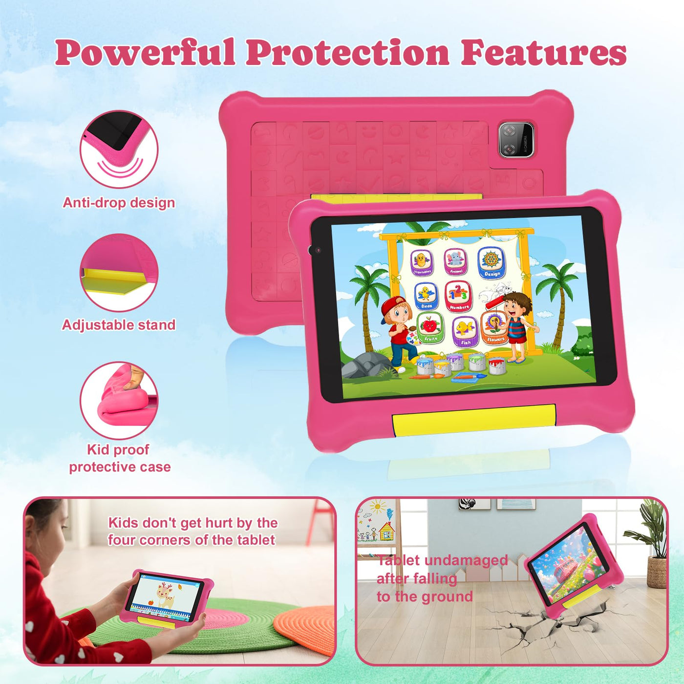 Laptok Kinder Tablet 7 Zoll, Android Tablet für Kinder, 5GB RAM+32GB ROM+128GB Erweiterbar, Wi-Fi, Bluetooth, Type-C, Kids Tablet mit Mit sturzsicherer Schutzhülle Rose