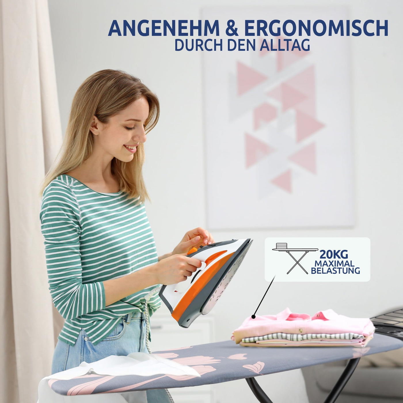 STAHLMANN ® großes Bügelbrett [120x42 Bügelfläche] mit Kleidungsplatte – robuster Bügeltisch – extra stabiles Bügelbrett [Made IN EU] – Tischbügelbrett