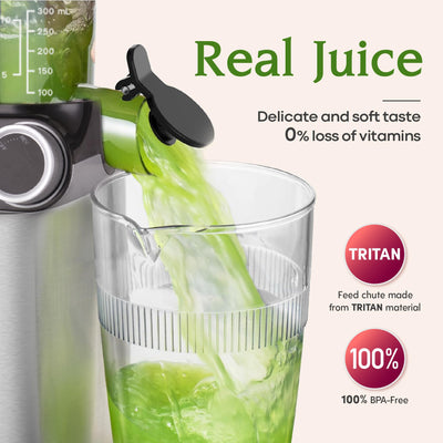 Anybear Entsafter, 200W Slow Juicer Kaltentsafter mit 110 mm großem Einfüllschacht für ganze Früchte/Gemüse | Upgraded Schnecke | Tritan-Material | BPA-frei | Inkl. Saftrezepte (Silber)