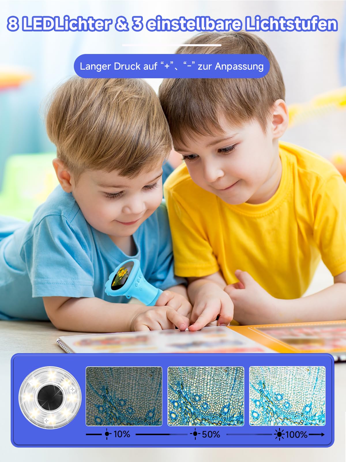 Acoath Mikroskop für Kinder, Digitales Mikroskop mit 2,0" IPS-Bildschirm Lupe 200x Vergrößerung, 8 LED Lights Handy Microscope USB Taschenmikroskop - Blau