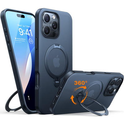 TORRAS 360° Ostand Spin für iPhone 16 Pro Hülle für Magsafe (Magnetischer Robust Standring) Zertifizierte Militärschutz, Matt Rückseite Hülle für iPhone 16 Pro Case Schlank Schwarz