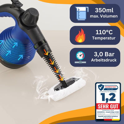 Sommertal SC350 - tragbarer Dampfreiniger inkl Zubehör – kompakter Hand-Dampfreiniger für Polstermöbel, Fliesen, Böden – Steam Cleaner - 350 ml, 110°C Dampf - nachhaltig ohne Chemie - GS geprüft