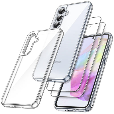 JETech 3 in 1 Hülle für Samsung Galaxy A35 5G, mit 2 Stück Schutzfolie, Gehärtetem Glas Displayschutz, Stoßfeste Stoßstange Schützende Klare Rückseite Handyhülle (Durchsichtig)