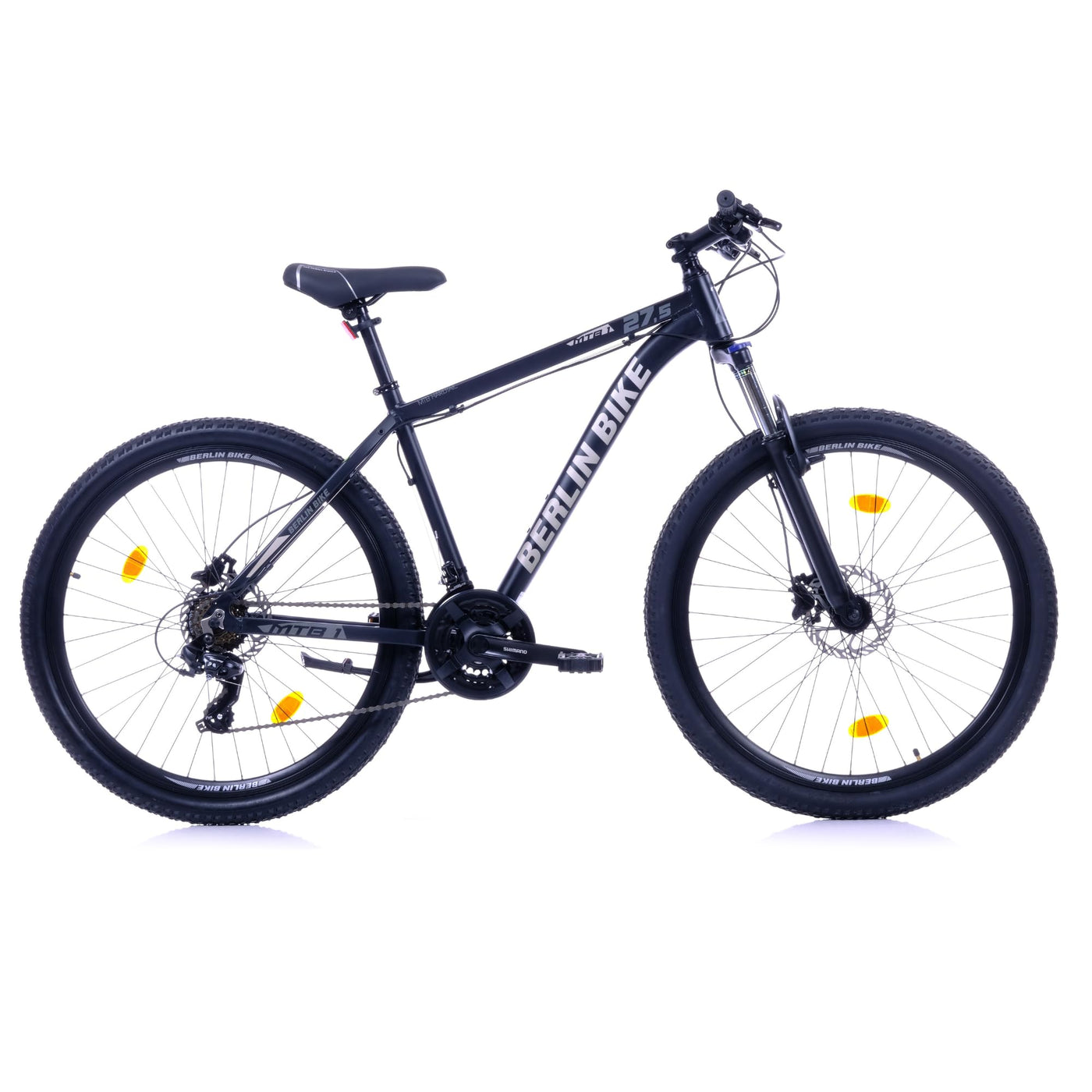 BERLIN BIKE Mountainbike MTB1 – mit komplettem Shimano Set - 21 Gang Shimano FD-TZ500/RD-TY300D, Dacron Hydraulische Scheibenbremsen (Schwarz-Silber, 27,5 Zoll und 51 cm Rahmenhöhe)