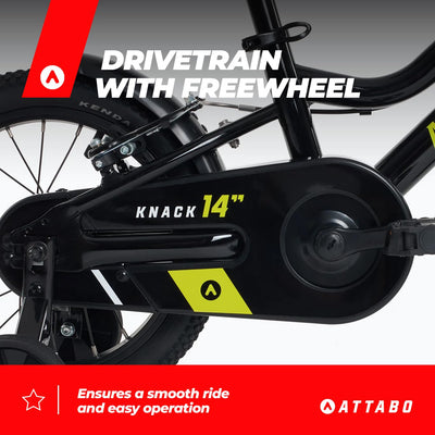 ATTABO Knack 14 – Kinderfahrrad (2–5 Jahre) mit leichtem Aluminiumrahmen (8 kg), 14-Zoll-Rädern, für 85–110 cm Körpergröße, bis 50 kg belastbar, ergonomischer Lenker, ideal für erste Fahrten