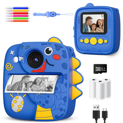Kinderkamera Sofortbildkamera, 1080P HD 48MP Sofortbildkamera Kinder, Digitalkamera Kinder mit 32GB TF Karte, 3 Rollen Druckpapier & Dinosaurier Silikon Schutzhülle, Geschenk für Junge ab 3-12 Jahren