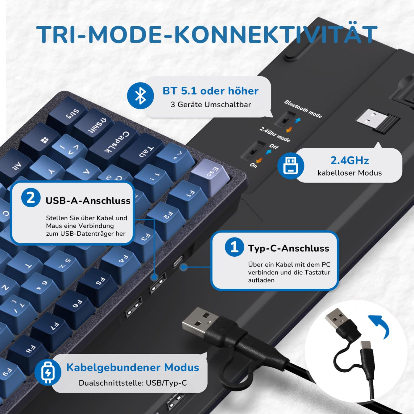 RK ROYAL KLUDGE RK98 Mechanische Tastatur Kabellose Gaming Tastatur 2.4G/Bluetooth 5.1/USB-C RGB Hinterleuchtet Deutsches Layout QWERTZ 100 Tasten Hot Swappable Braune Schalter, Blau
