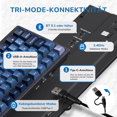 RK ROYAL KLUDGE RK98 Mechanische Tastatur Kabellose Gaming Tastatur 2.4G/Bluetooth 5.1/USB-C RGB Hinterleuchtet Deutsches Layout QWERTZ 100 Tasten Hot Swappable Braune Schalter, Blau