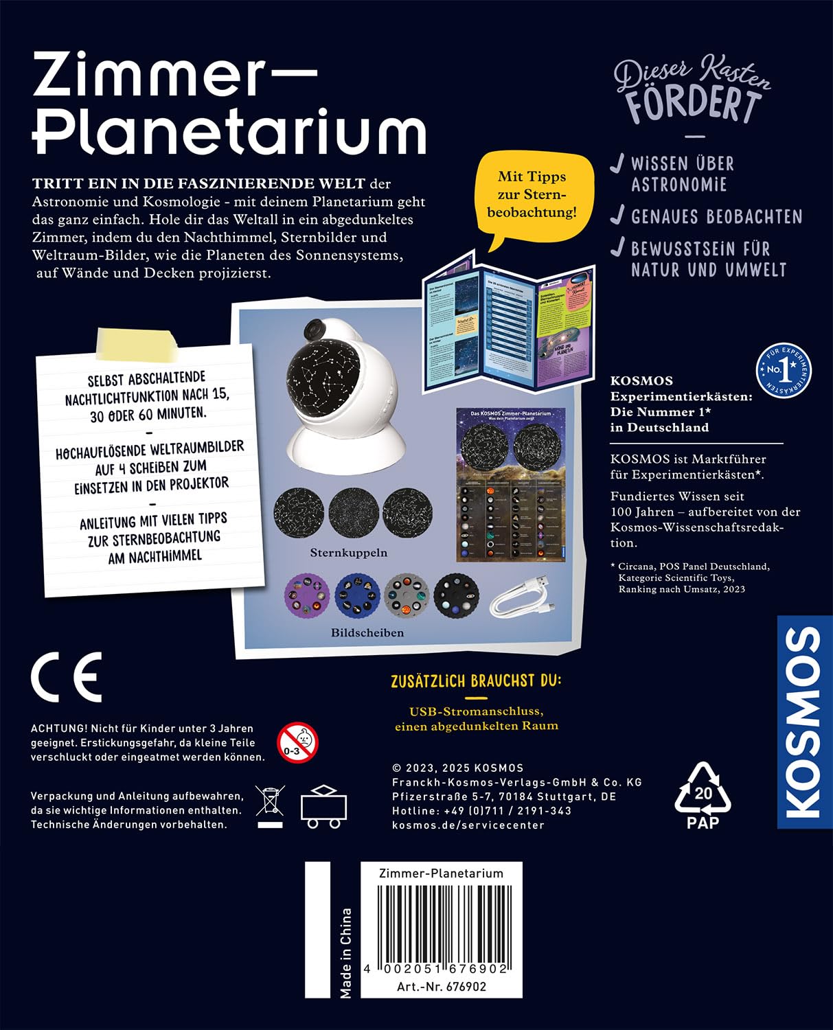 KOSMOS 676902 Zimmer Planetarium Projektor mit 2 auswechselbaren Sternkarten, spannende Infos zum Sternenhimmel, Sonnensystem, Planeten, Astronomie für Kinder ab 8 Jahre